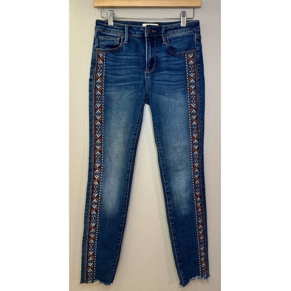 DRIFTWOOD Jackie Aztec Embroidered Mid Rise Raw Hem Skinny Jean Denim - Picture 8 of 9